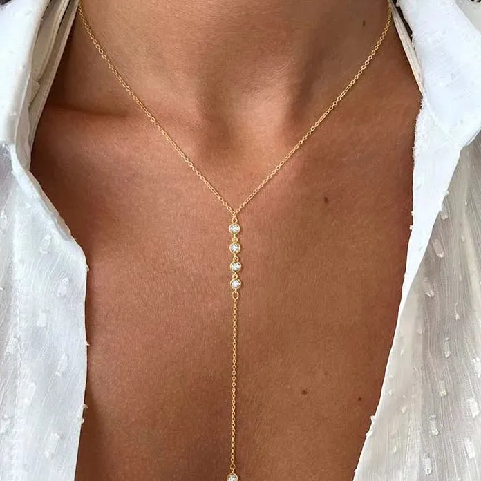 Metal Y-Shaped Crystal Zircon Tassel Necklace for Women Long Chain Choker Jewelry