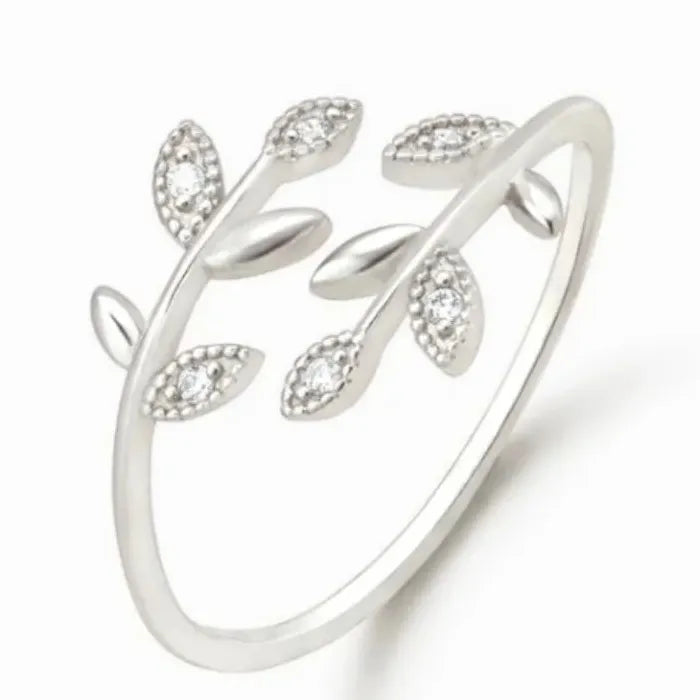 Adjustable Silver Crystal Leaf Ring for Women Party Wedding Minimalist Jewelry