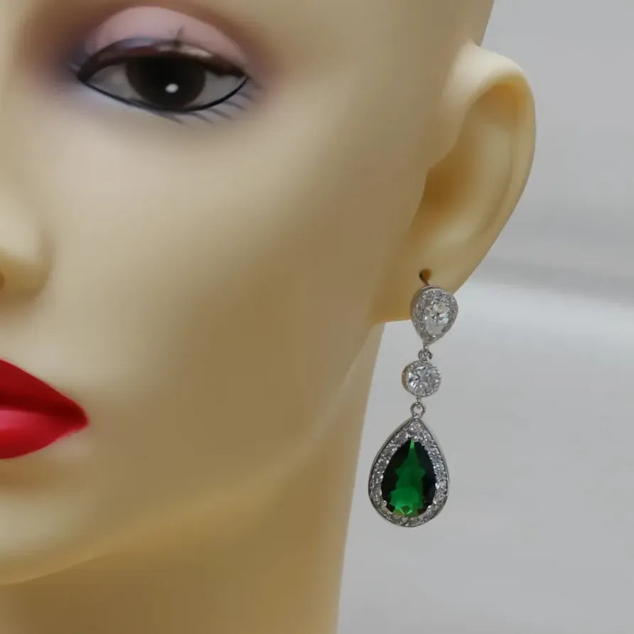 Green Cubic Zirconia Geometric Drop Earrings for Women Wedding Party