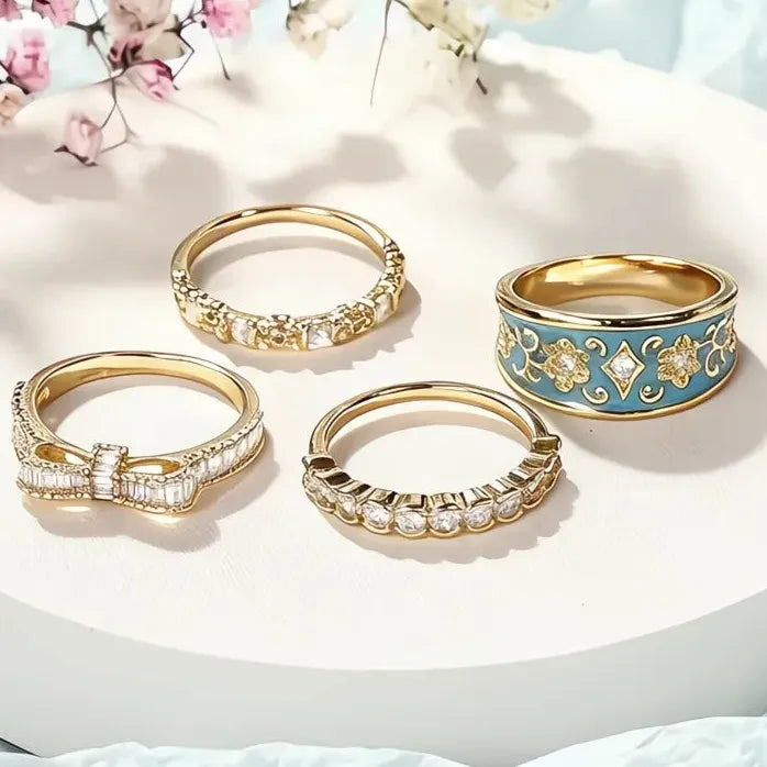 Boho 4-Pcs Women’s Gold Rings Set with Blue Enamel Flower & CZ