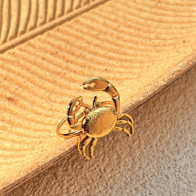 18K Gold Plated Stainless Steel Adjustable Crab Ring for Women Girls Summer Jewelry