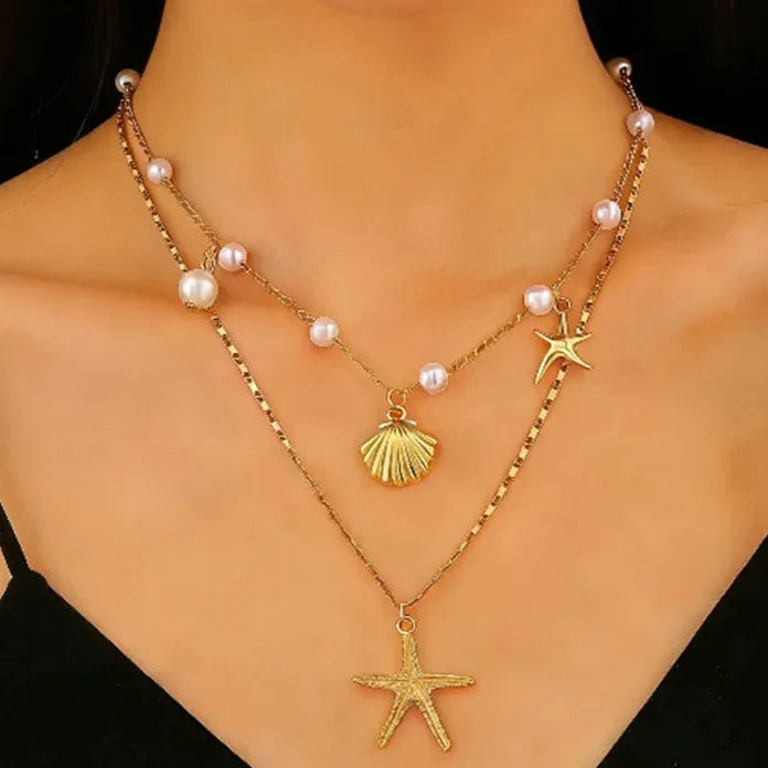 Starfish Shell Pearl Double-Layer Pendant Necklace for Women Zinc Alloy Gift
