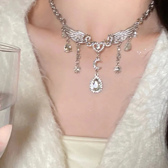 Silver Crystal Wing Moon Pendant Necklace for Women Zinc Alloy Jewelry