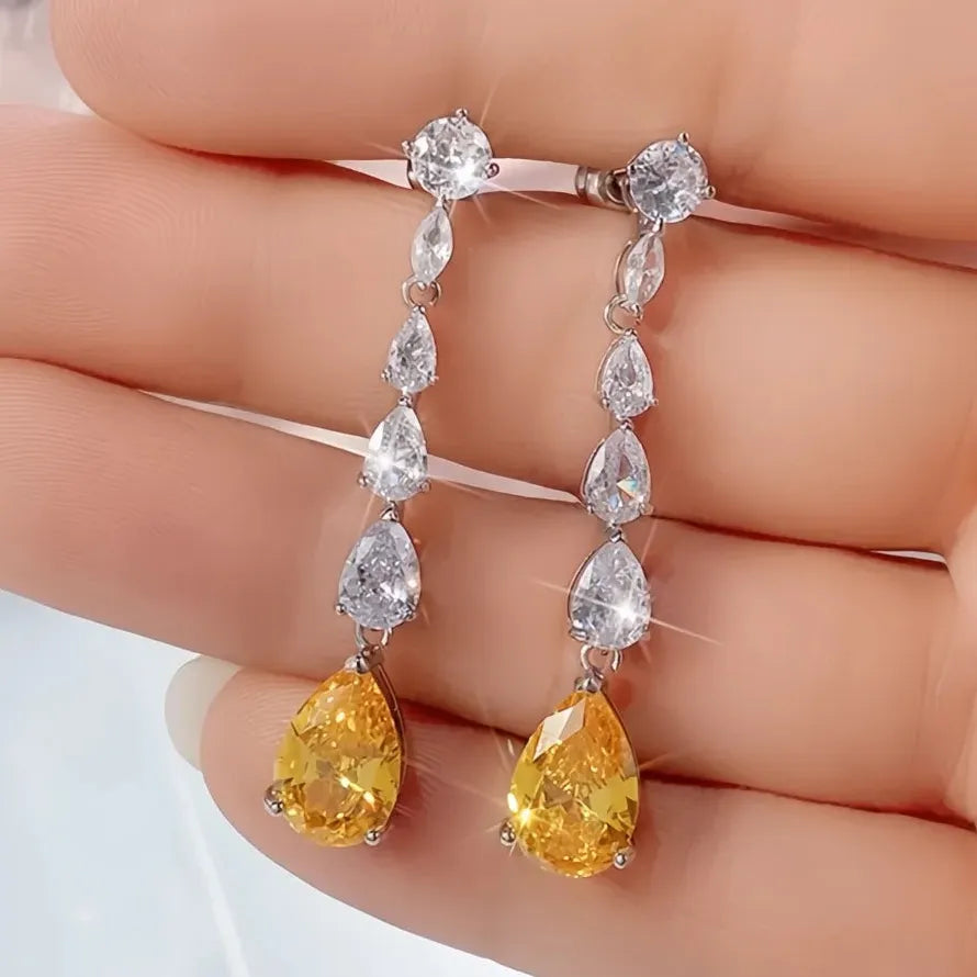Bright Pear Yellow Cubic Zirconia Geometric Copper Alloy Drop Earrings for Women