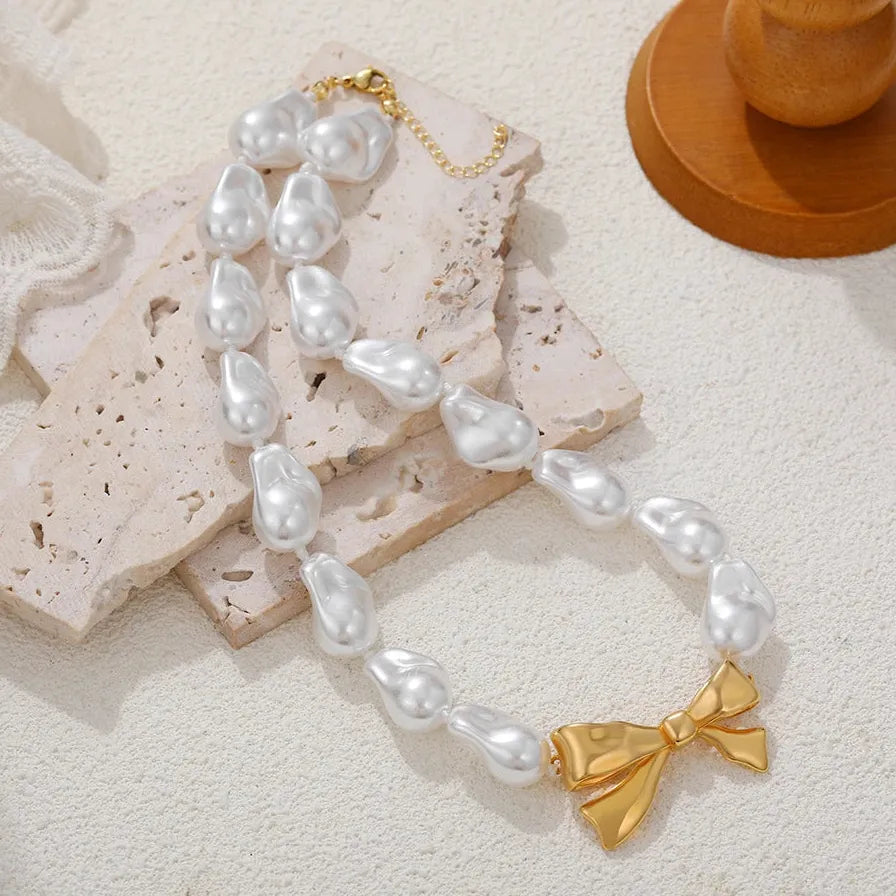 Handmade Gold Bowknot Pendant Irregular Baroque Pearl Necklace for Women