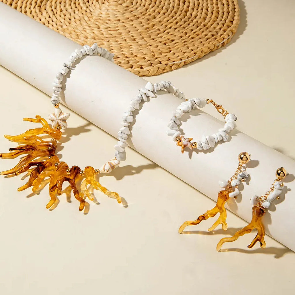 Bohemian Coral Beaded Necklace Set Starfish Earrings for Women Jewelry