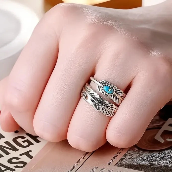 Vintage Feather Ring with Imitation Turquoise for Women Silver Jewelry