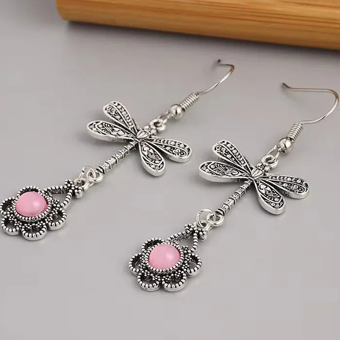 Pink Retro Bohemian Geometric Flower Pendant Drop Earrings for Women Zinc Alloy