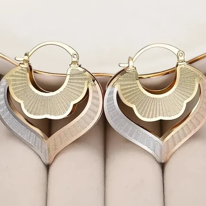 Heart Design Women’s Three Tone Hollow Out Drop Earrings Brass Jewelry