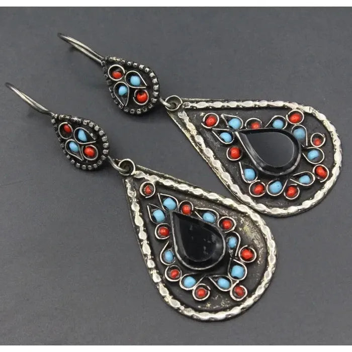 Boho Ethnic Enamel Drop Earrings for Women Retro Hollow Flower Zinc Alloy Jewelry