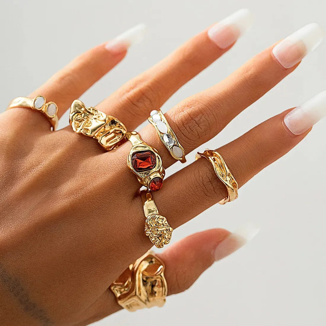 7Pcs Vintage Red Crystal Geometric Rings Set for Women Men Fashion Jewelry