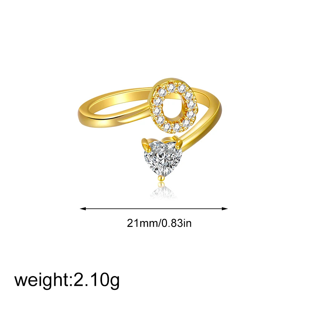 Polished Gold Plated Copper A-Z Letter Initial Ring with Zircon Heart Wedding Jewelry