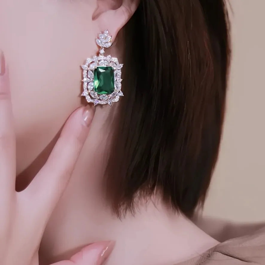 Green Cubic Zirconia Geometric Drop Earrings Luxury Wedding Jewelry for Women