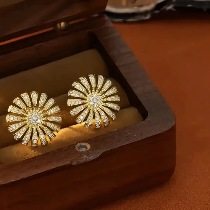 Gold Color Flower Plant Stud Earrings with Bright CZ Cubic Zirconia for Party Engagement