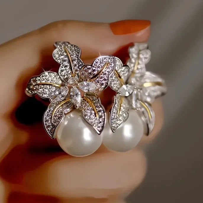 Luxury Flower Pearl Stud Earrings with Copper Alloy & CZ Stone