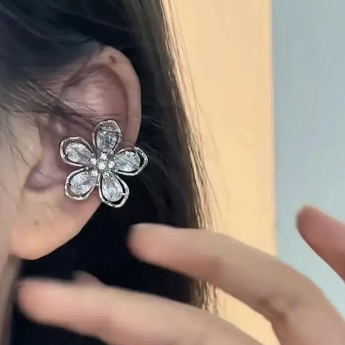 Delicate Zircon Hollow Five Petal Flower Clip Earrings Ear Cuff Women Gift