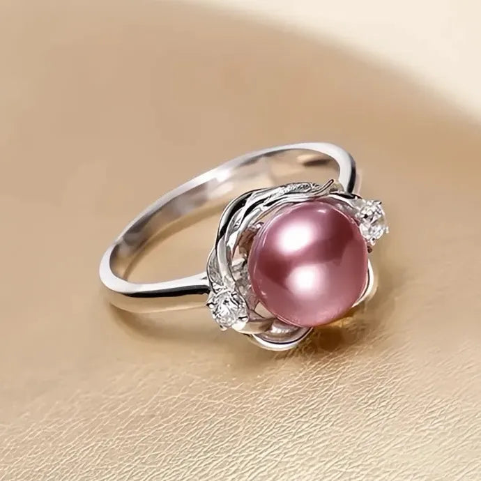 Silver Flower Ring with Pink Pearl & CZ Inlay Brass Cocktail Jewelry for Women