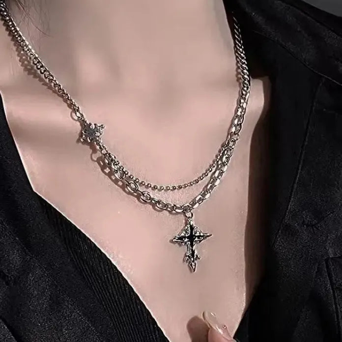 Punk Double Layer Cross Necklace for Women Men Halloween Charm Jewelry