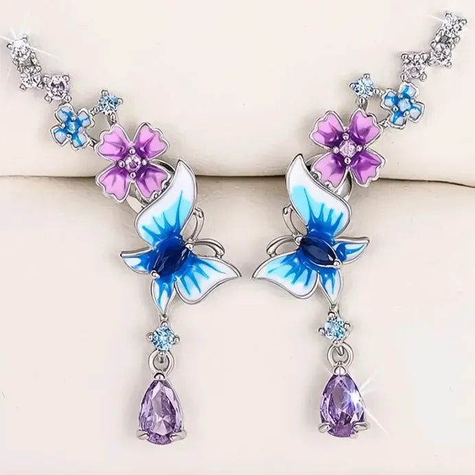 Butterfly Flower Drop Earrings with Sparkling Cubic Zirconia for Women
