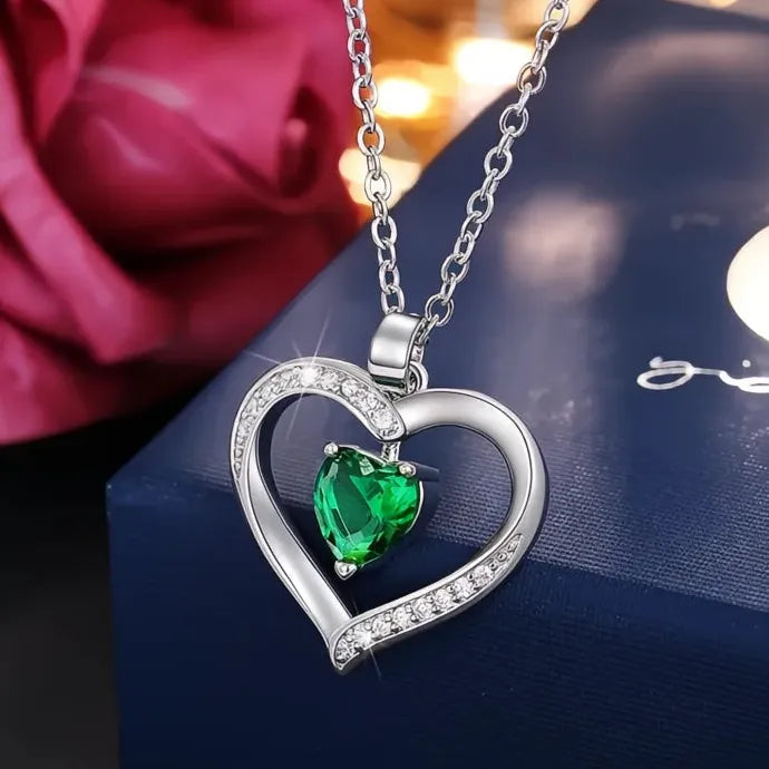 Green Heart Cubic Zirconia Necklace for Women Wedding Anniversary Copper Alloy