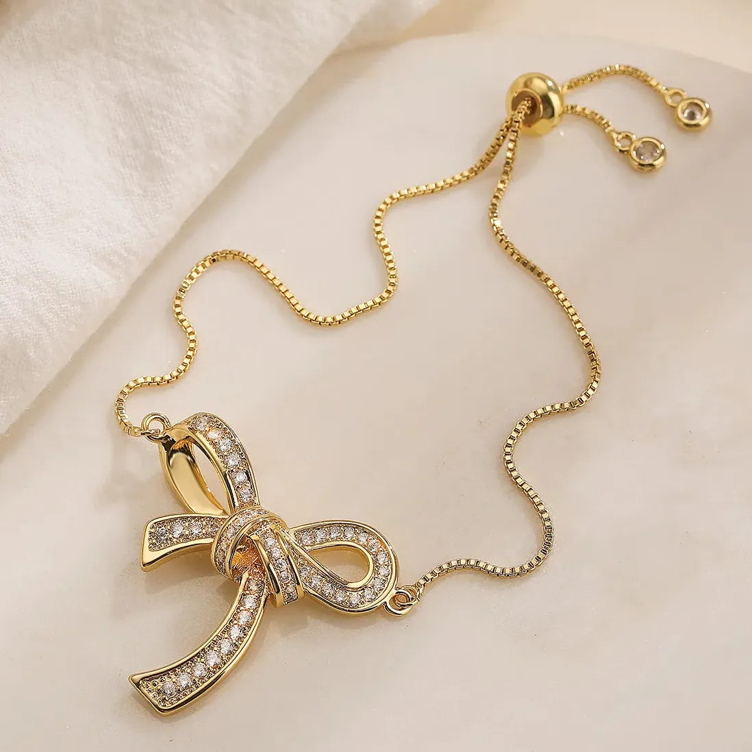 Adjustable Stainless Steel CZ Zircon Bowknot Bracelet for Women Girls Gift Jewelry