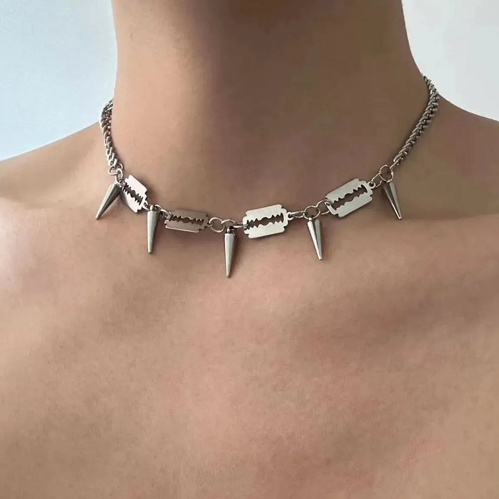 Hiphop Punk Razor Blade Rivet Tassel Geometric Metal Chain Necklace Unisex Stainless Steel Gift