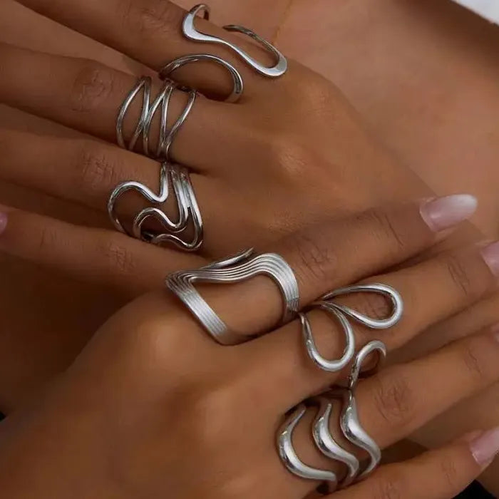 Stainless Steel Irregular Geometric Open Chain Ring for Women Punk Fashion Jewelry