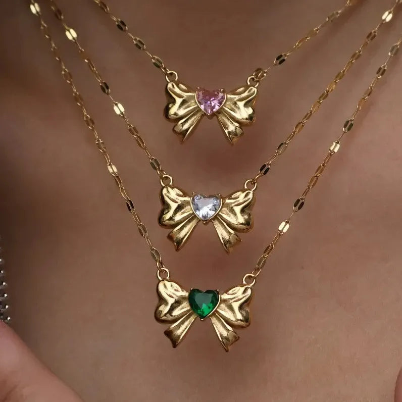 18K Gold Plated Stainless Steel Bow Necklace Women Multicolor Heart Zircon Gift Jewelry