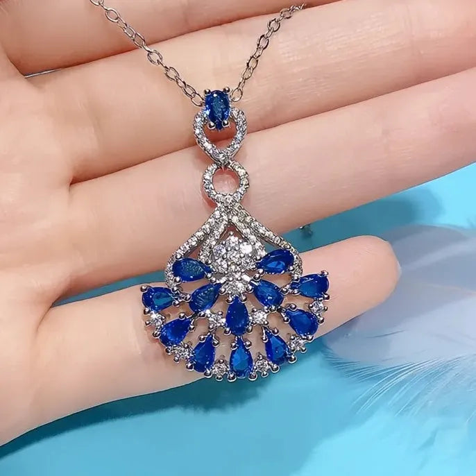 Elegant Women’s Wedding Necklace with Blue Cubic Zirconia Geometric Pendant