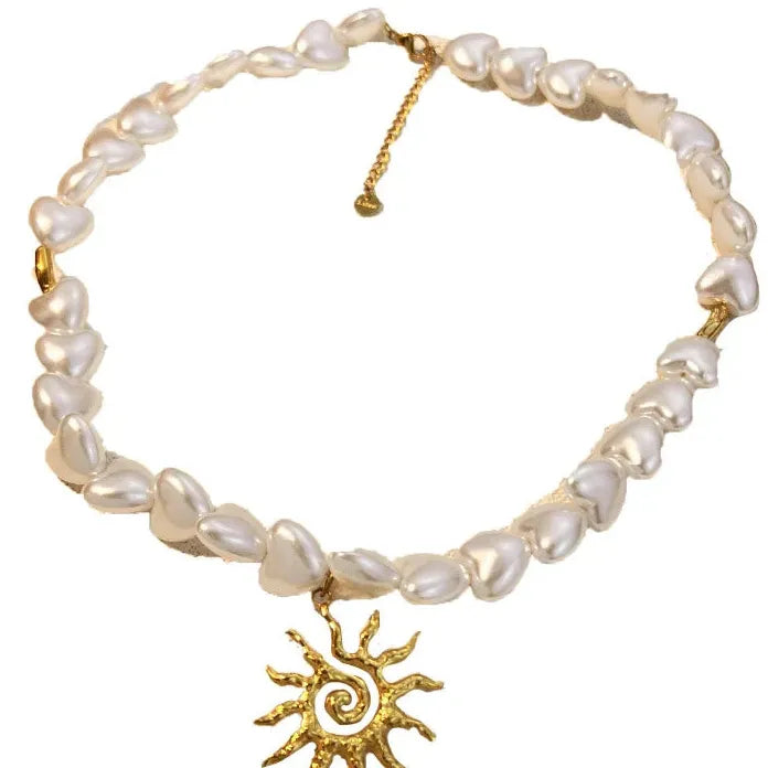 Elegant Handmade Pearl Necklace Gold Lava Twist Heart Pendant Choker Jewelry Gift