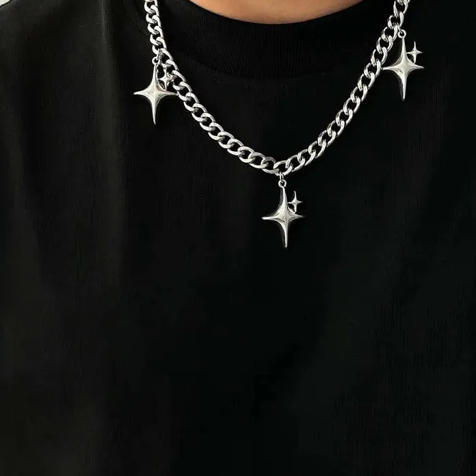 Silver Star Pendant Necklace Gothic Hip Hop Cuban Chain Y2K Jewelry Trendy