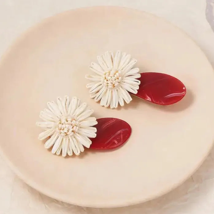 Red Geometric Acrylic Oval Drop Earrings Women Vintage Knitted White Flower Jewelry