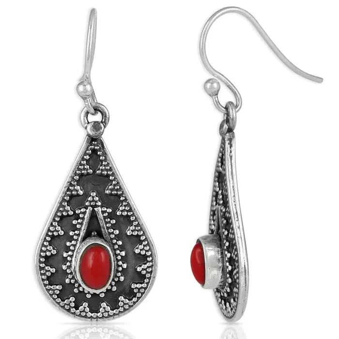 Bohemian Red Synthetic Stone Drop Earrings Women’s Retro Carved Geometric Jewelry