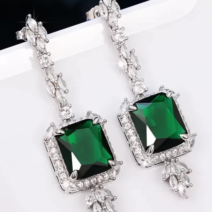 Geometric Square Green Cubic Zirconia Brass Dangle Earrings for Wedding Jewelry