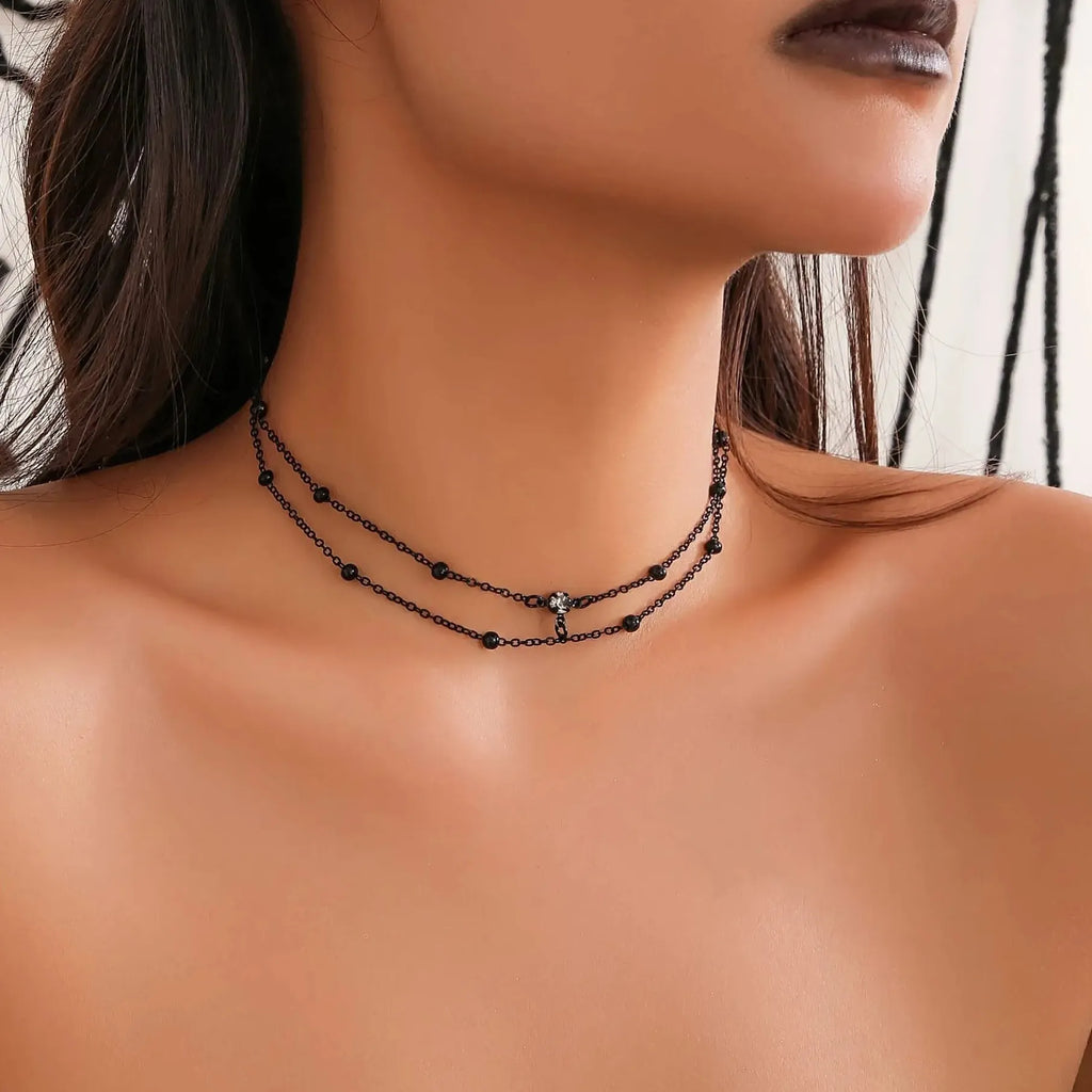 Black Copper Geometric Cross Chain Bikini Chest Rhinestone Body Jewelry