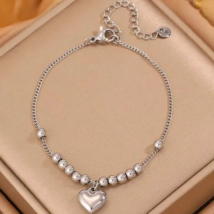 Stainless Steel Gold Heart Pendant Bracelet Women Metal Beaded Bangle Jewelry