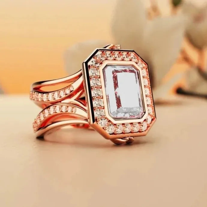 Luxury Gold Color Metal Carving Ring Inlaid Imitation Crystal Bridal Wedding Jewelry