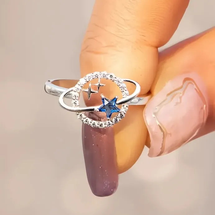 Silver Tone Blue Stars Planet Ring with Cubic Zirconia for Women