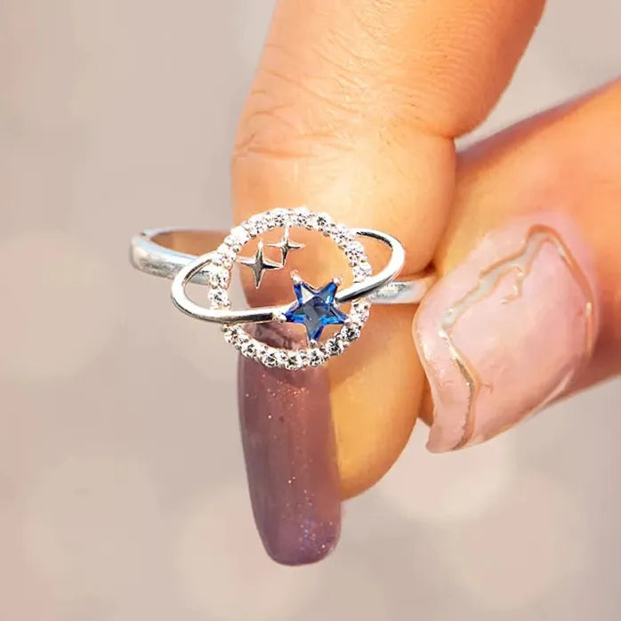 Planet Finger Ring for Women Blue Stars Silver Brass Cubic Zirconia Jewelry