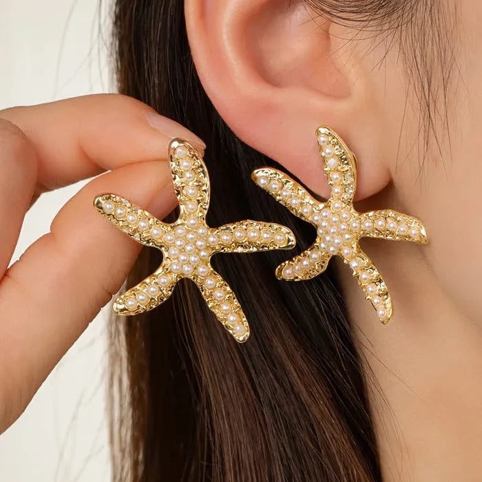 Boho Zinc Alloy Pearl Starfish Drop Earrings for Women Vintage Gift