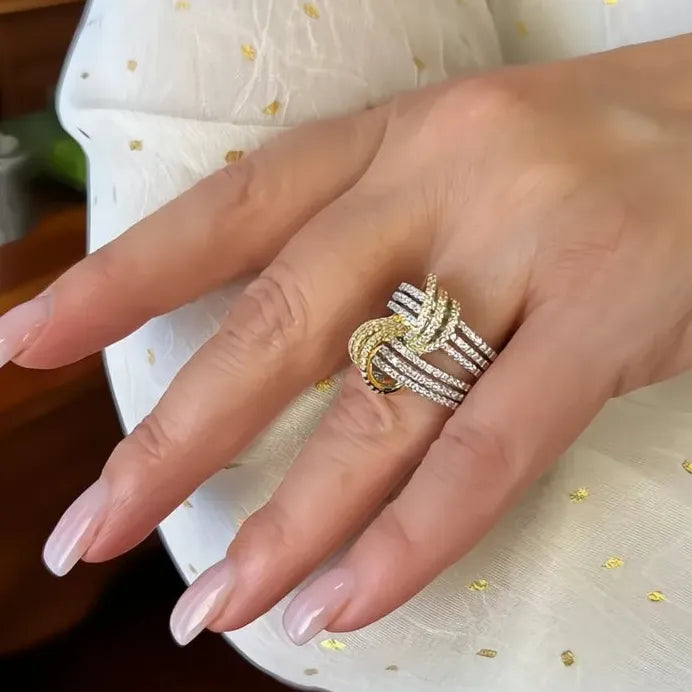Elegant Two-Tone Geometric Finger Ring with Cubic Zirconia for Women