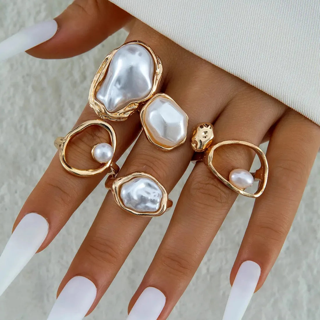 5Pcs Retro Baroque Pearl Asymmetric Geometric Gold Rings Set for Women Jewelry
