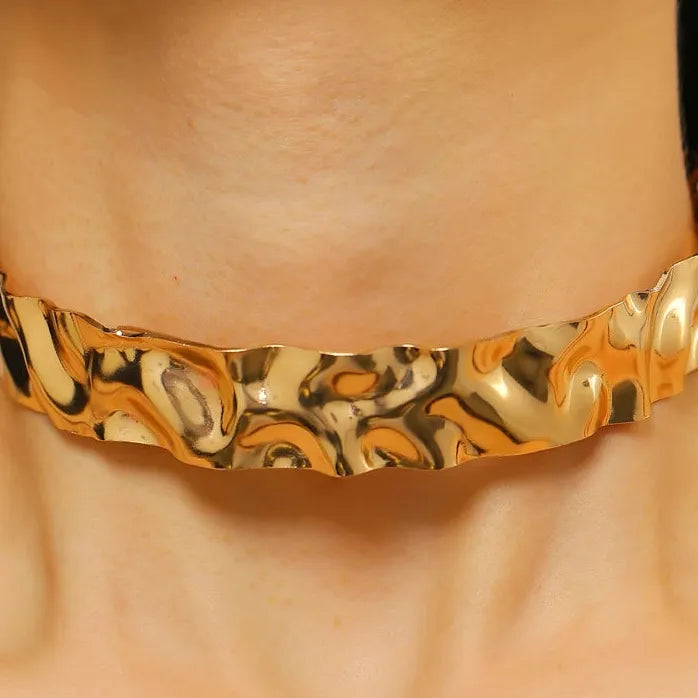 Punk Gothic Geometric Irregular Wrinkled Metal Necklace & Bracelet Set Women