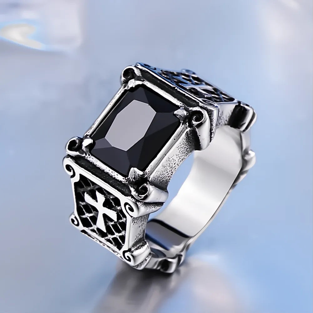 Vintage Stainless Steel Cross Rings Unisex Men Women Classic Red Black Stone Jewelry