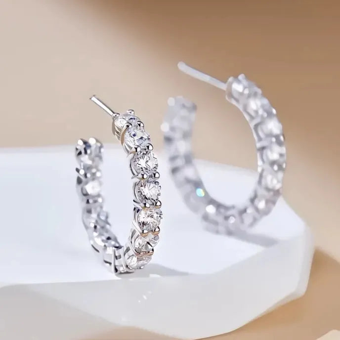 Silver Geometric Hoop Earrings for Women, Copper Alloy with Cubic Zirconia, Trendy Wedding Party Jewelry
