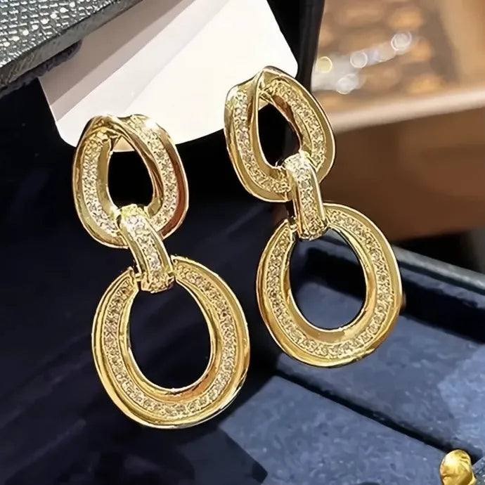 Gold Color CZ Circle Linked Geometric Drop Earrings for Women Wedding Party