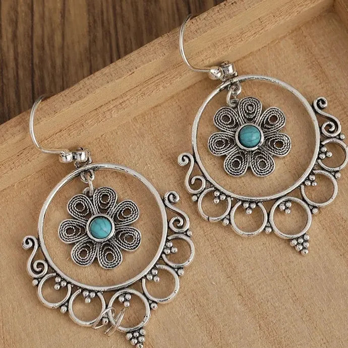 Vintage Blue Flower Hollow Drop Earrings Zinc Alloy Silver Plated Bohemian Gift