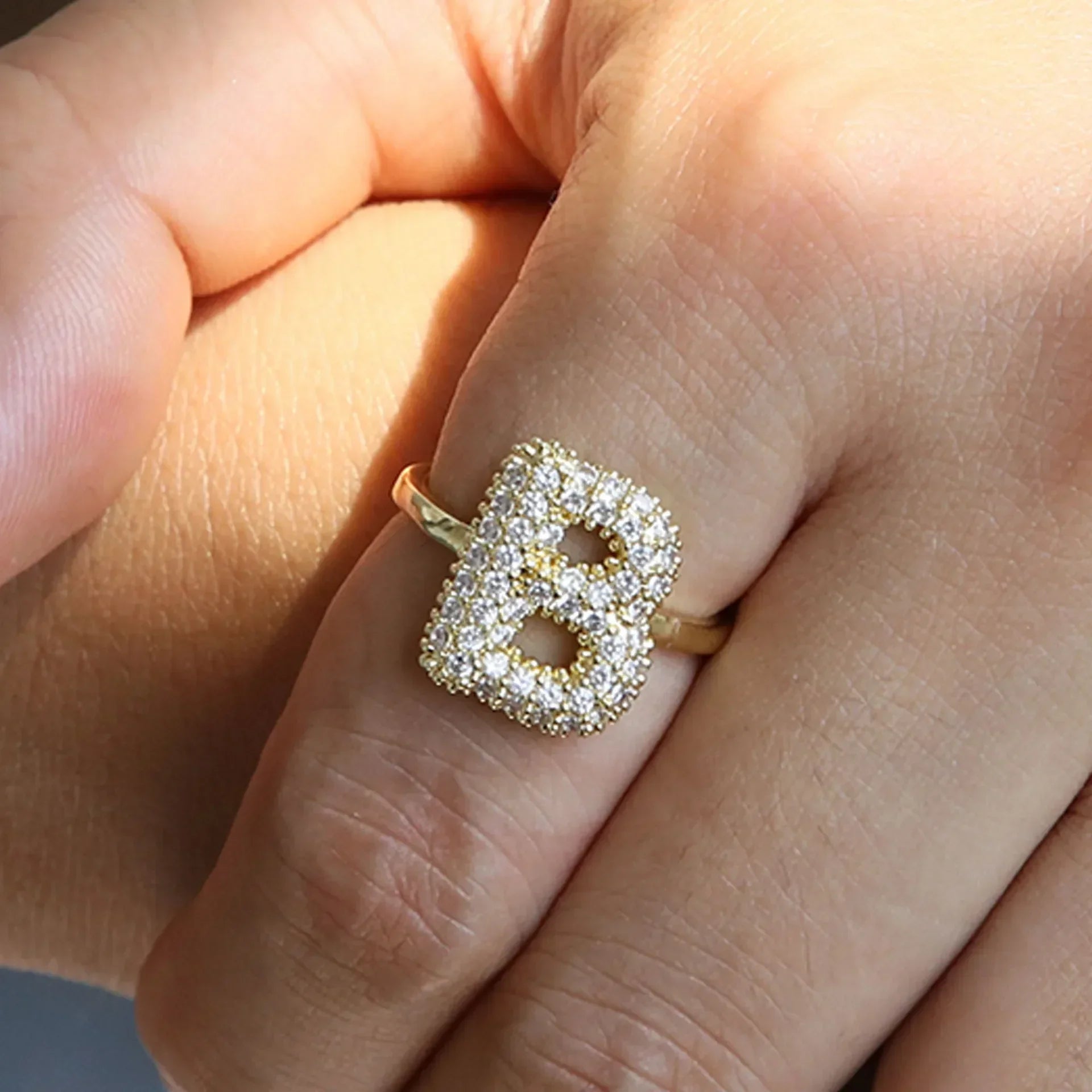 18K Gold Plated CZ Zircon A-Z Initial Letter Adjustable Chunky Ring for Women
