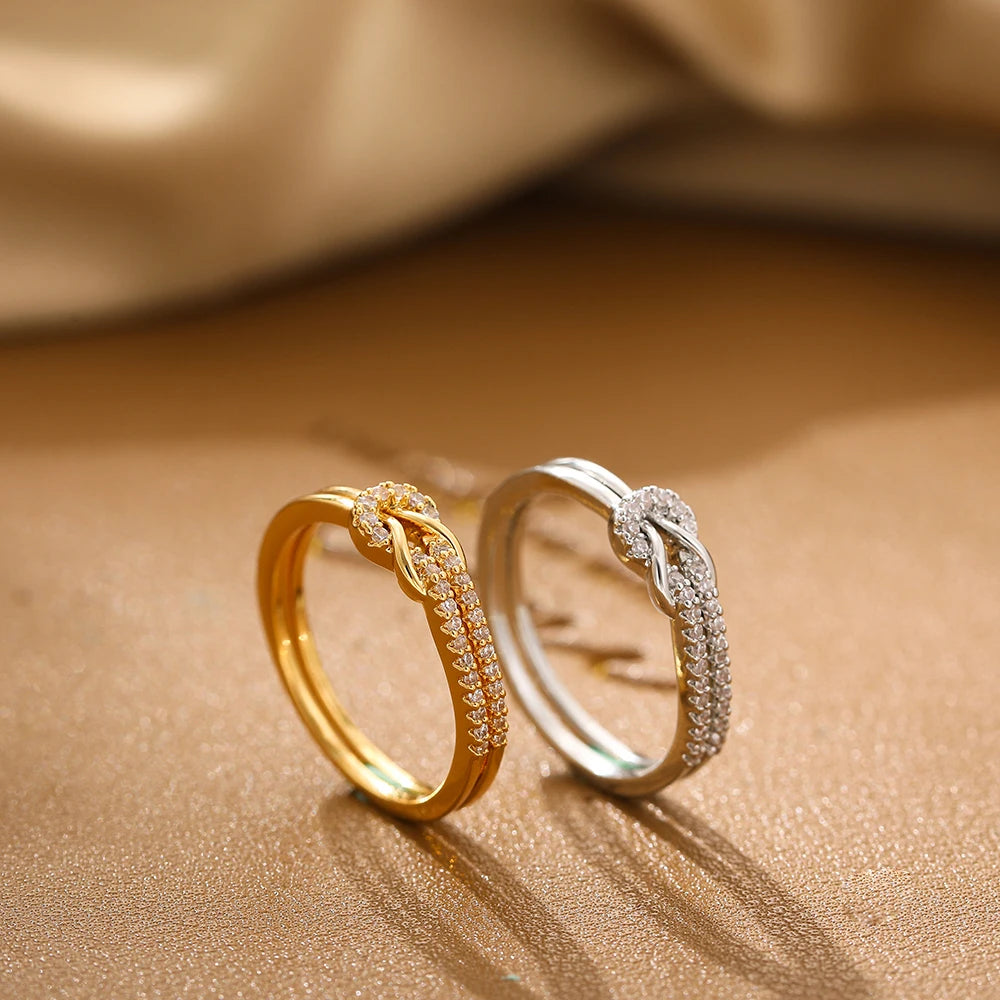 Bilayer Geometric Knot Couple Rings Waterproof Luxury Zircon Bride Engagement Jewelry