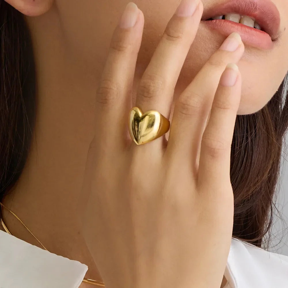 18K Gold Plated Chunky Heart Ring for Women Waterproof Non Tarnish Wedding Jewelry